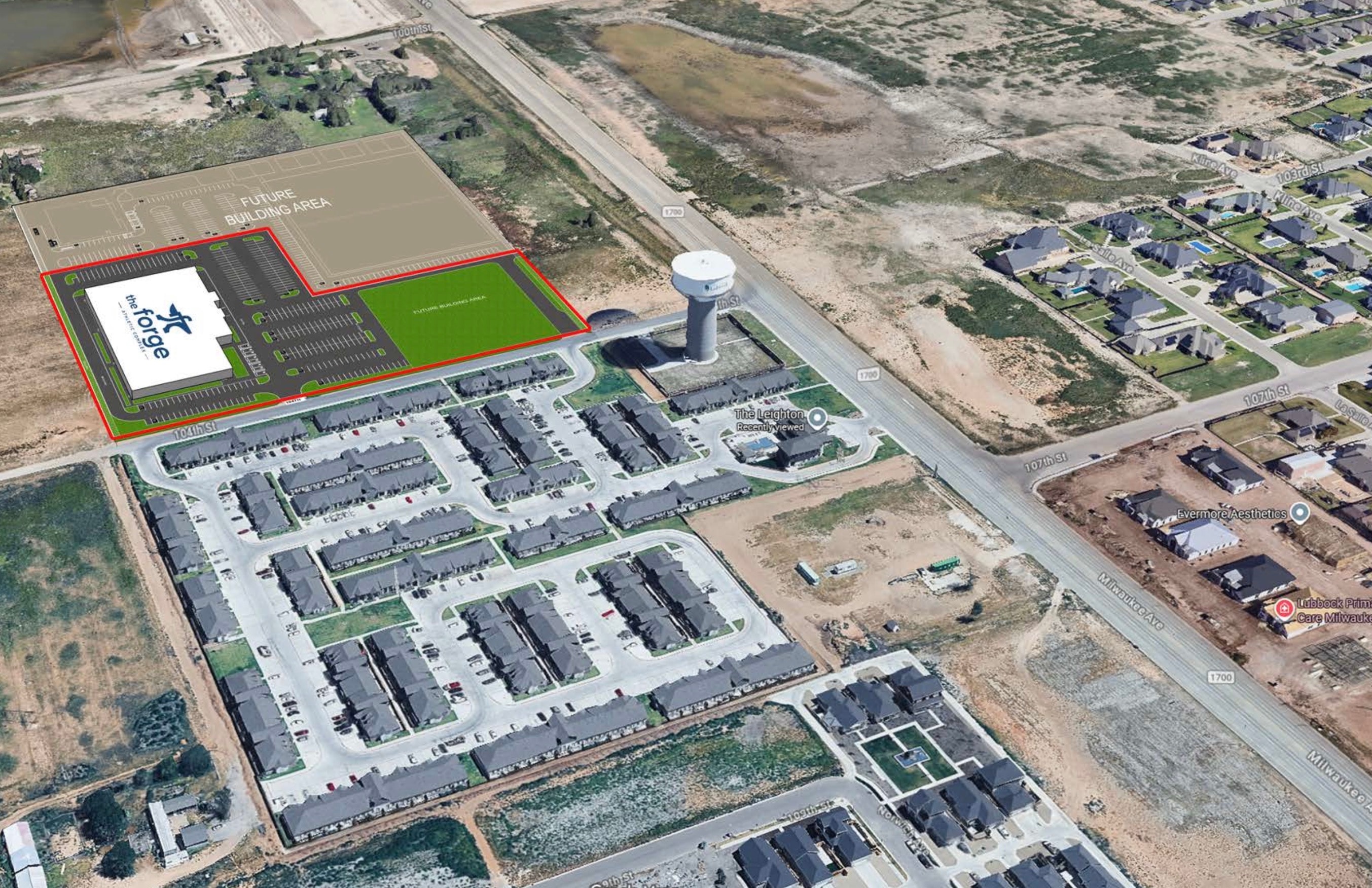 Aerial view of The Forge Athletic Complex construction site in South Lubbock