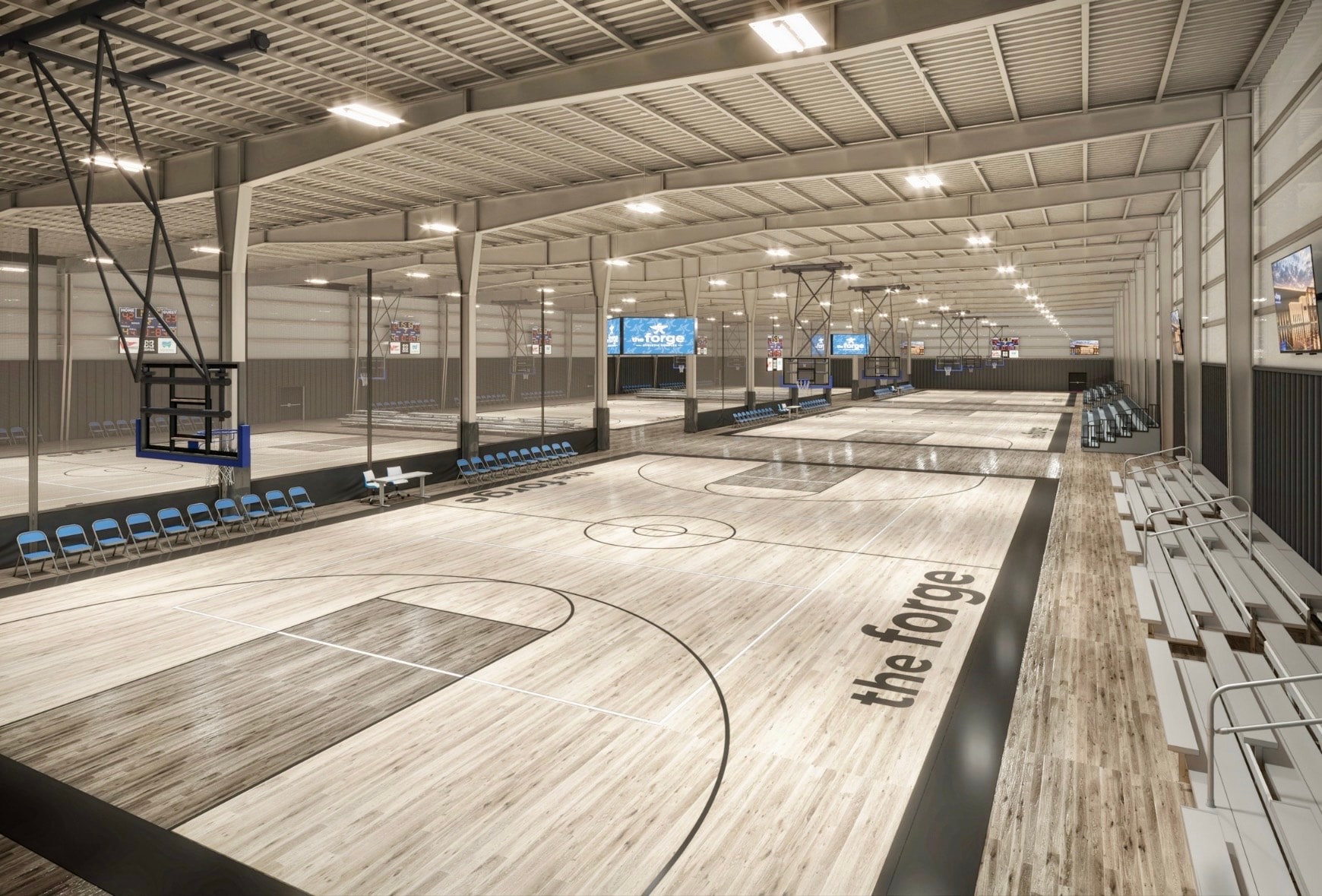 Interior volleyball and basketball courts at The Forge